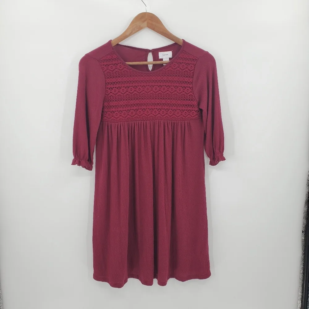 Old Navy Girls Tunic Dress Size Large‎ Maroon 3/4 Sleeve Embroidered Pleated
